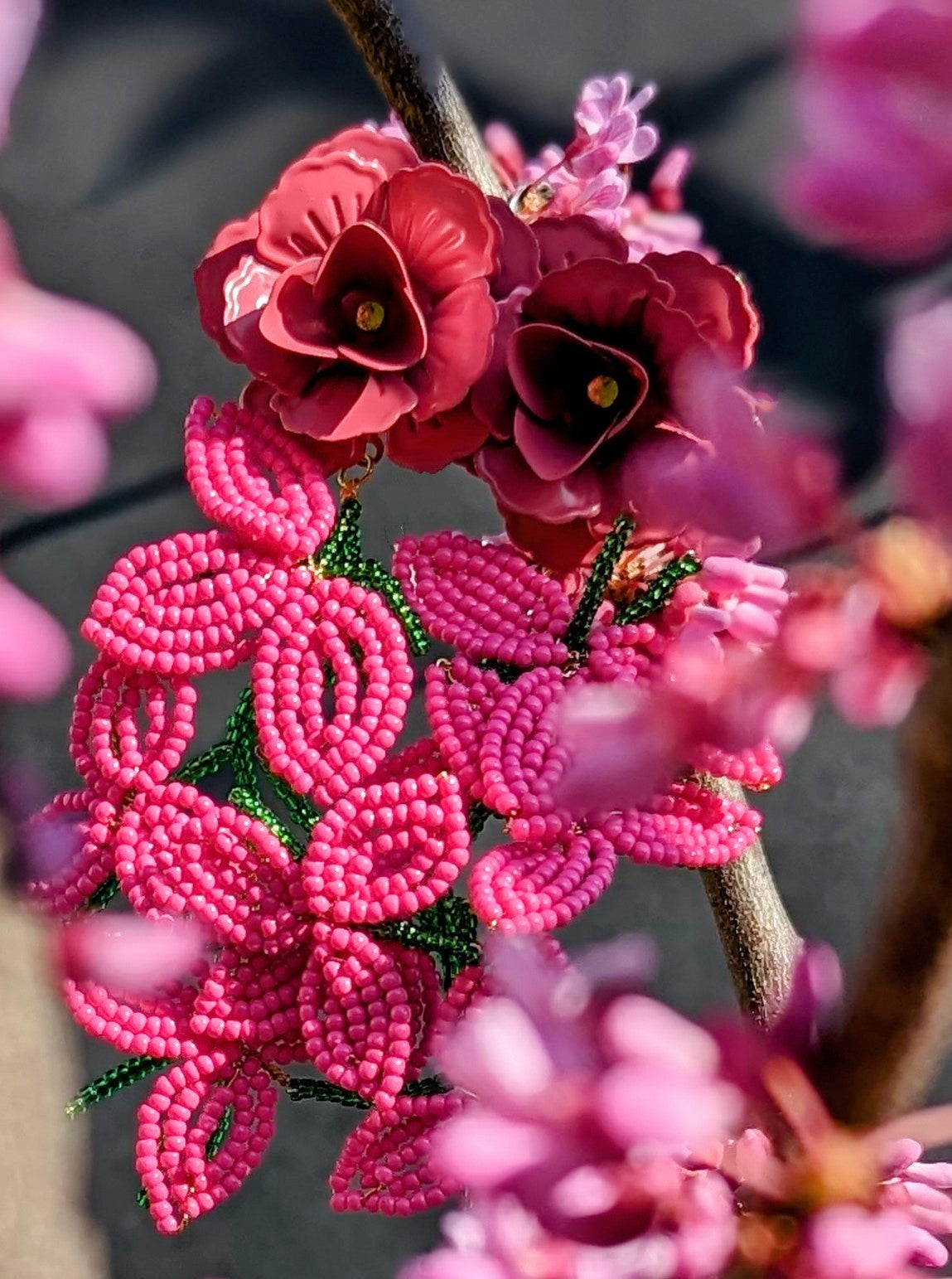 Pink Beaded Flower Statement Clip-on Earrings