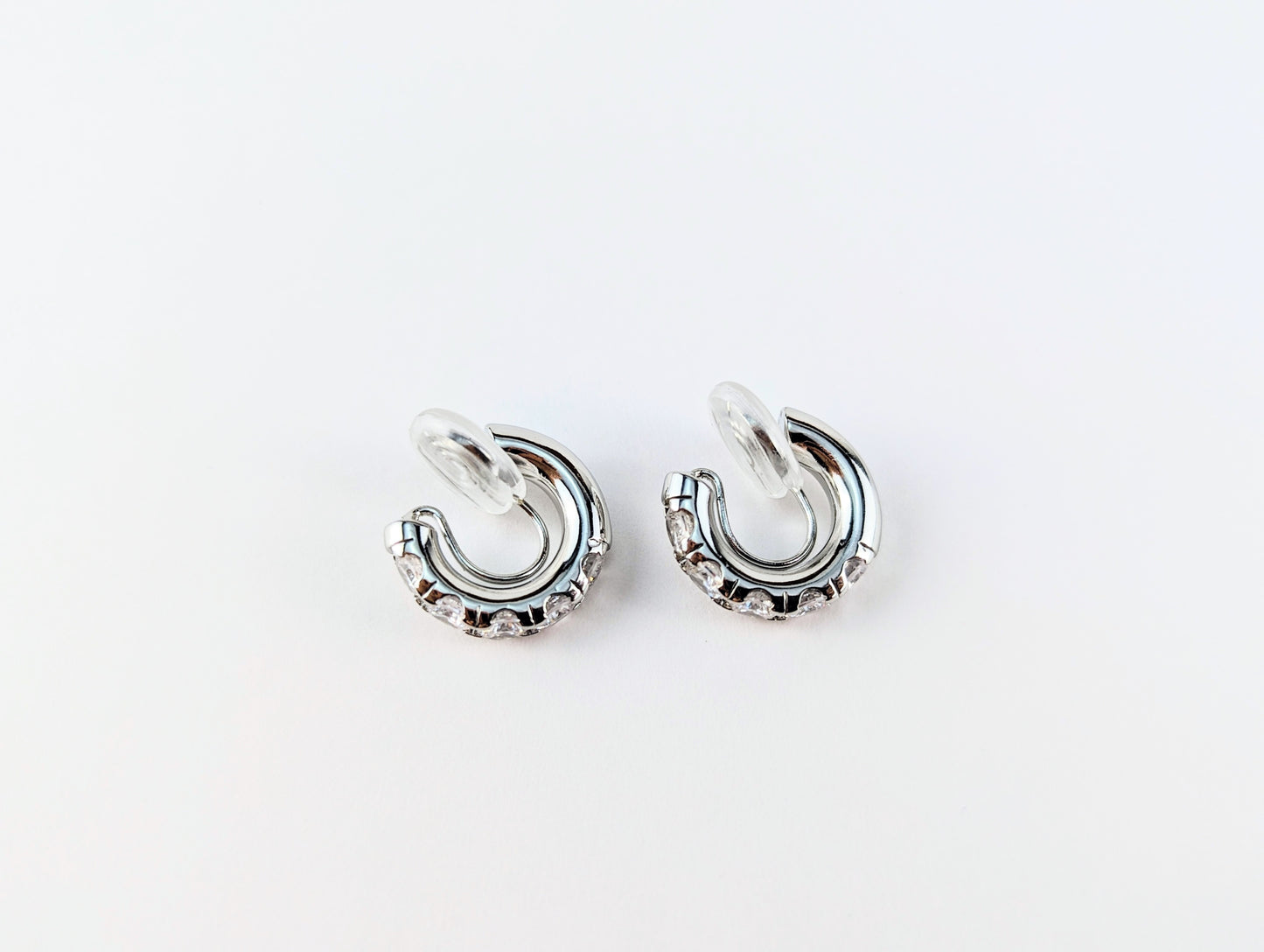 Gem Huggie Hoop Clip-on Earrings in Silver