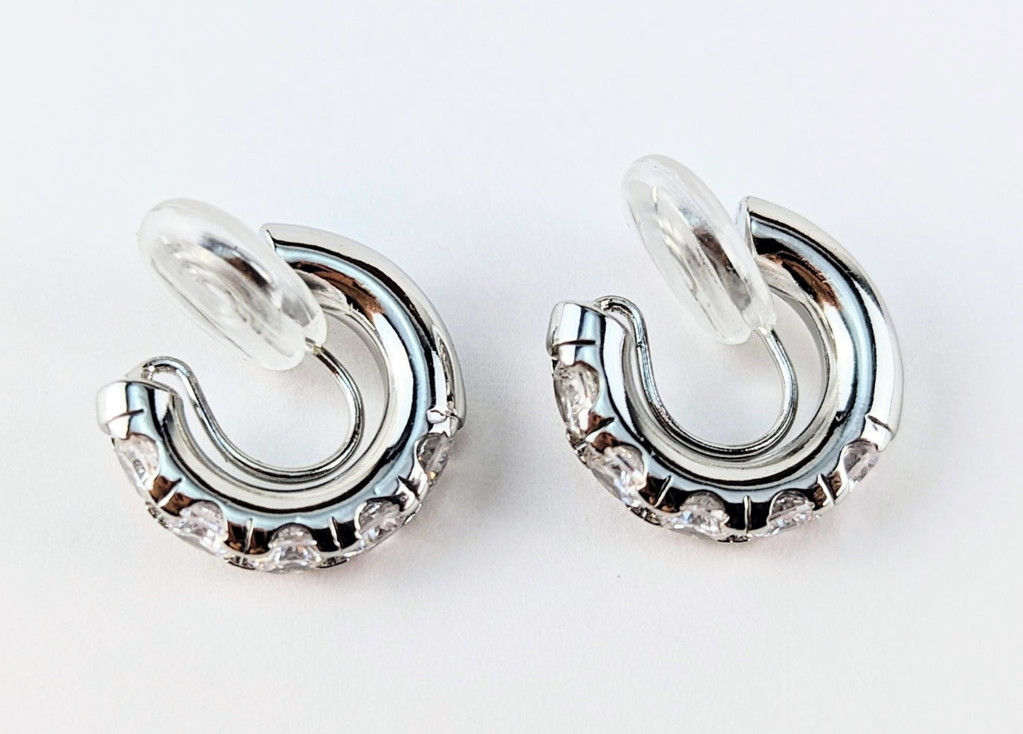 Gem Huggie Hoop Clip-on Earrings in Silver