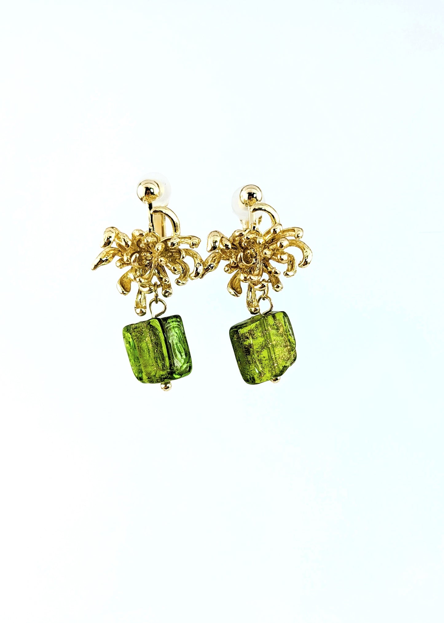 Gold Mum Flower Green Gem Clip-on Earrings