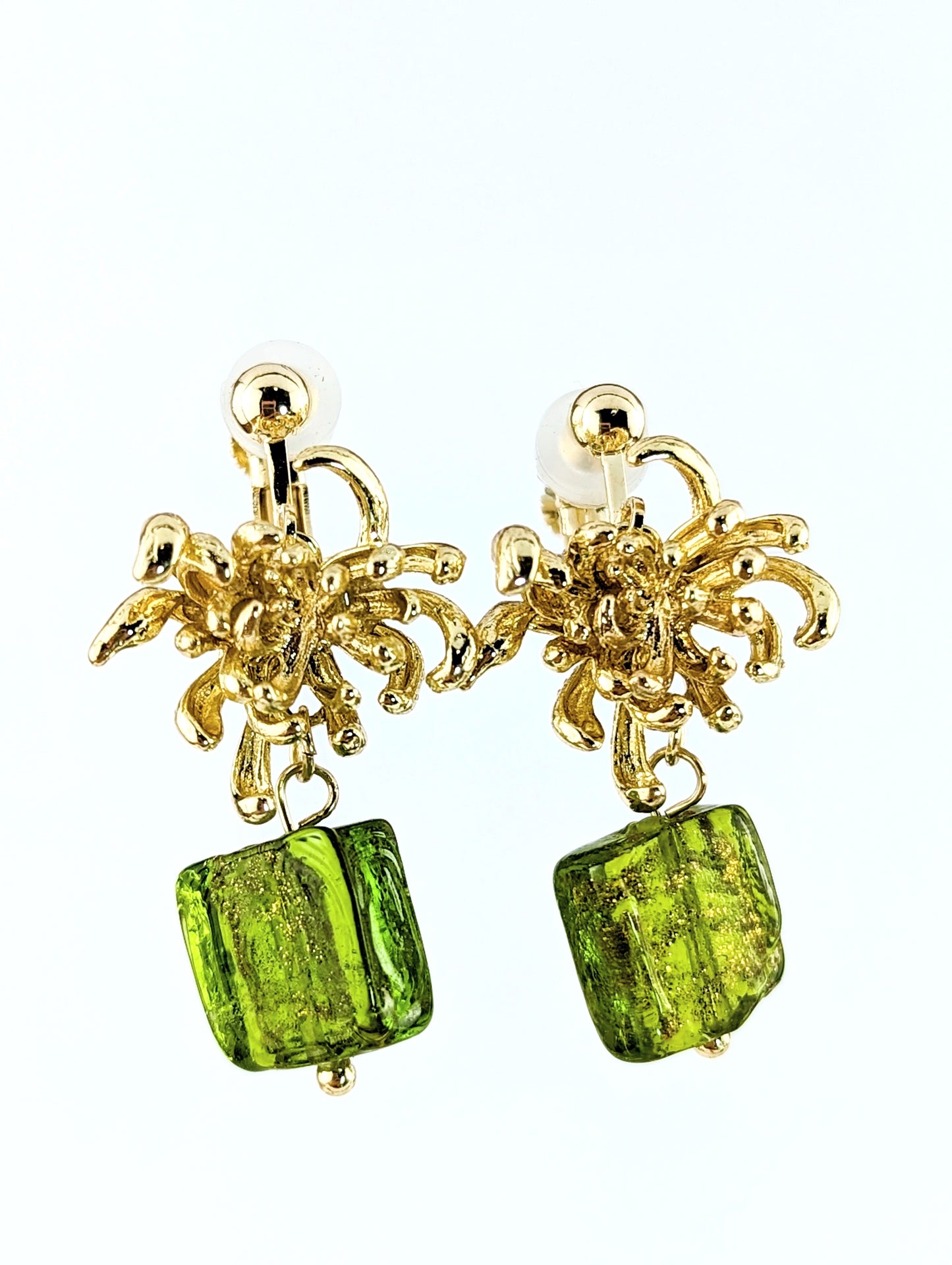 Gold Mum Flower Green Gem Clip-on Earrings