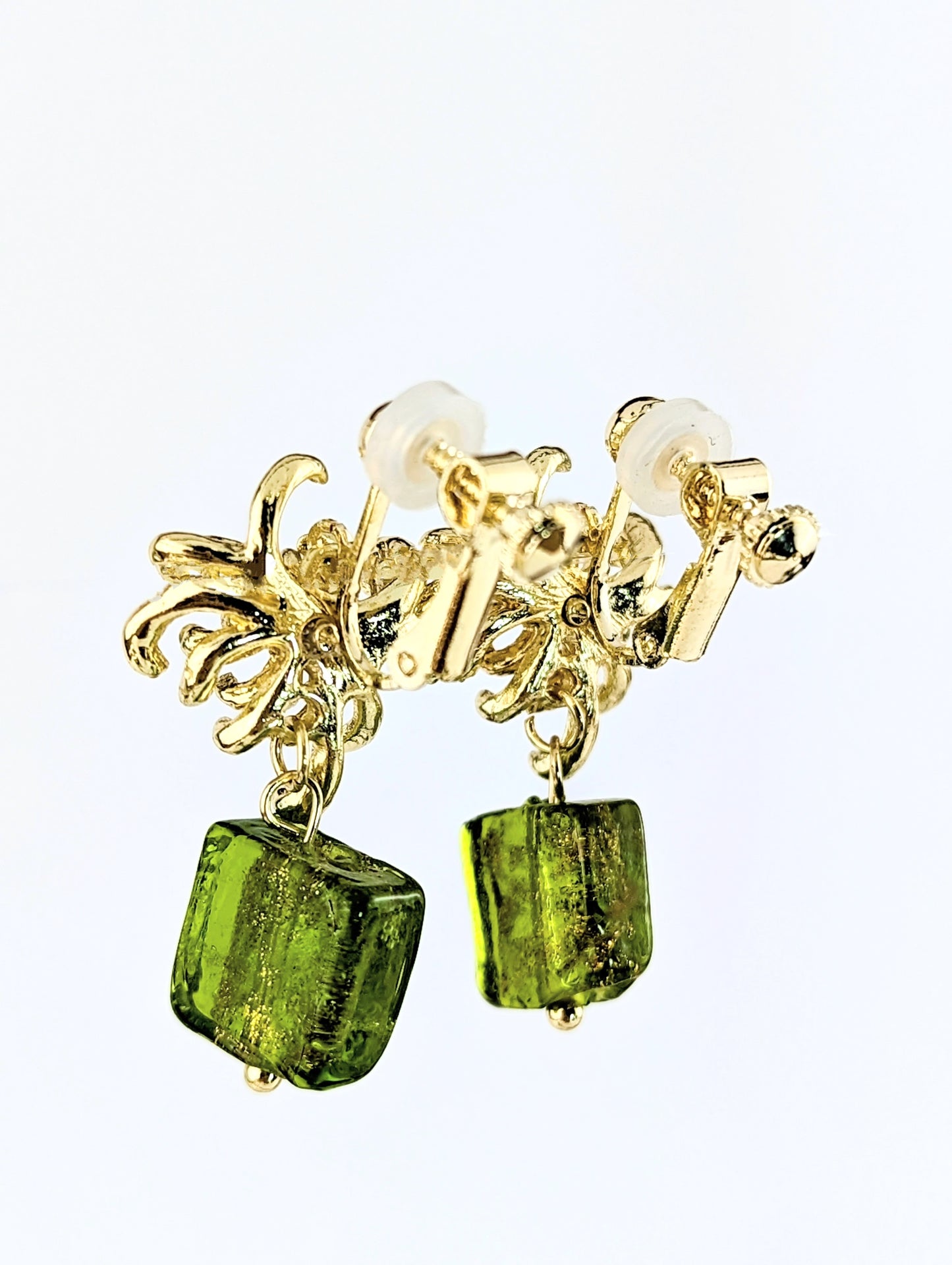 Gold Mum Flower Green Gem Clip-on Earrings