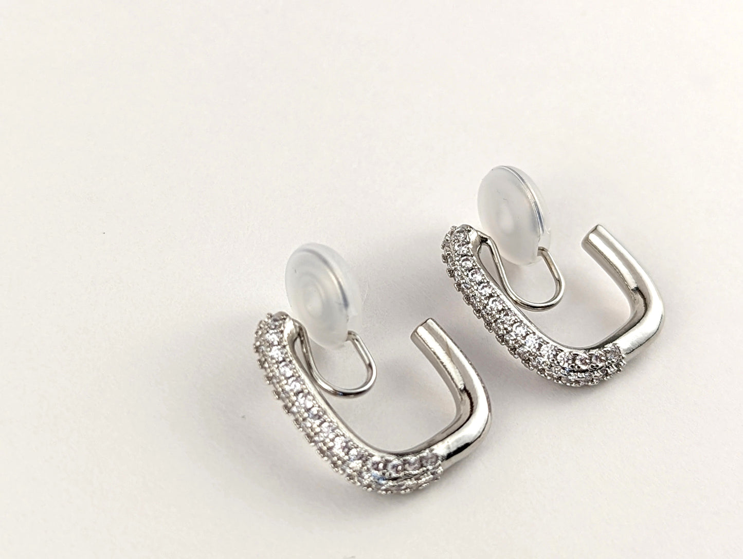 Silver-Pave Hoop Clip-on Earrings