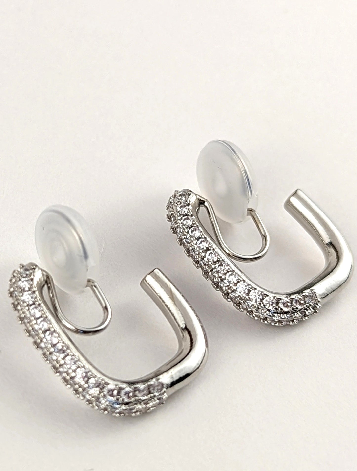 Silver-Pave Hoop Clip-on Earrings