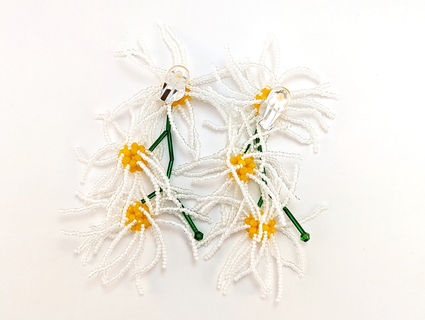 White Beaded Flower Statement Clip-on Earrings