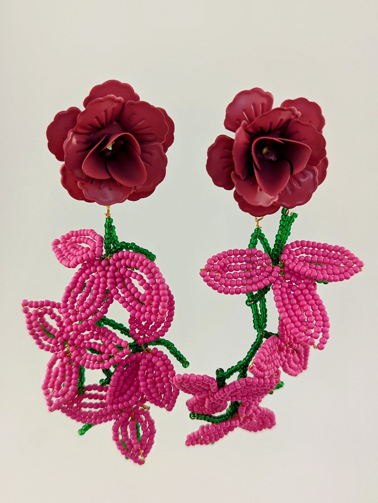 Pink Beaded Flower Statement Clip-on Earrings