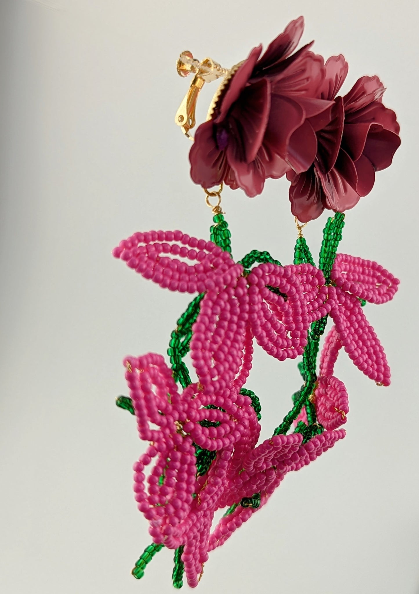 Pink Beaded Flower Statement Clip-on Earrings