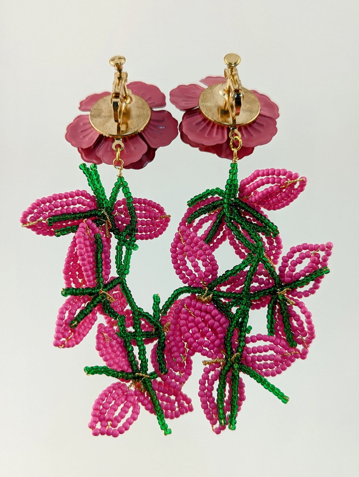 Pink Beaded Flower Statement Clip-on Earrings