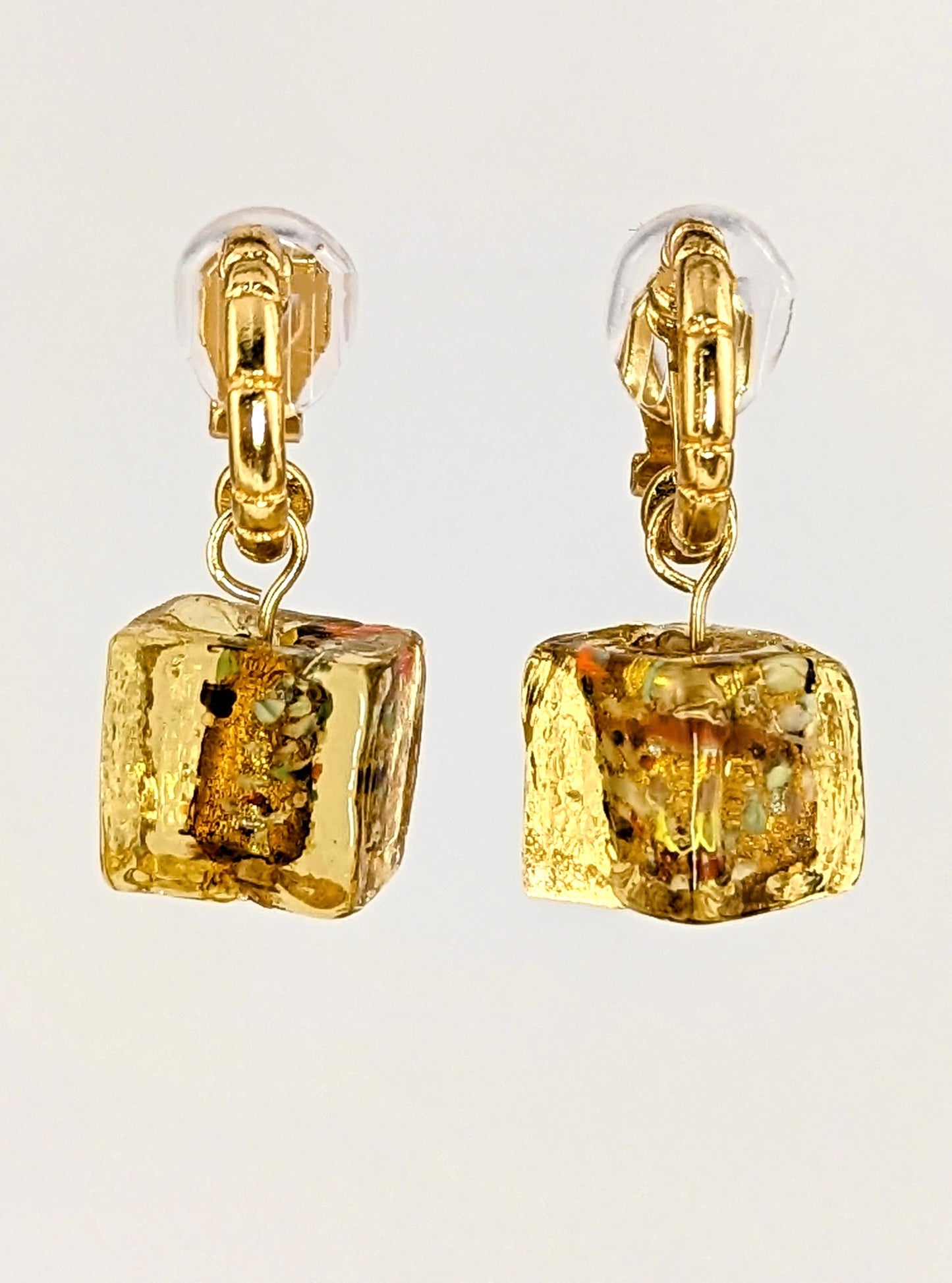 Caramel Rock Candy Yellow Glass Gold Dangle Clip-on Earrings