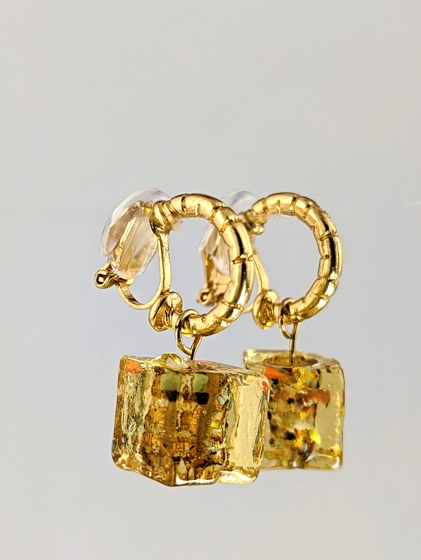 Caramel Rock Candy Yellow Glass Gold Dangle Clip-on Earrings