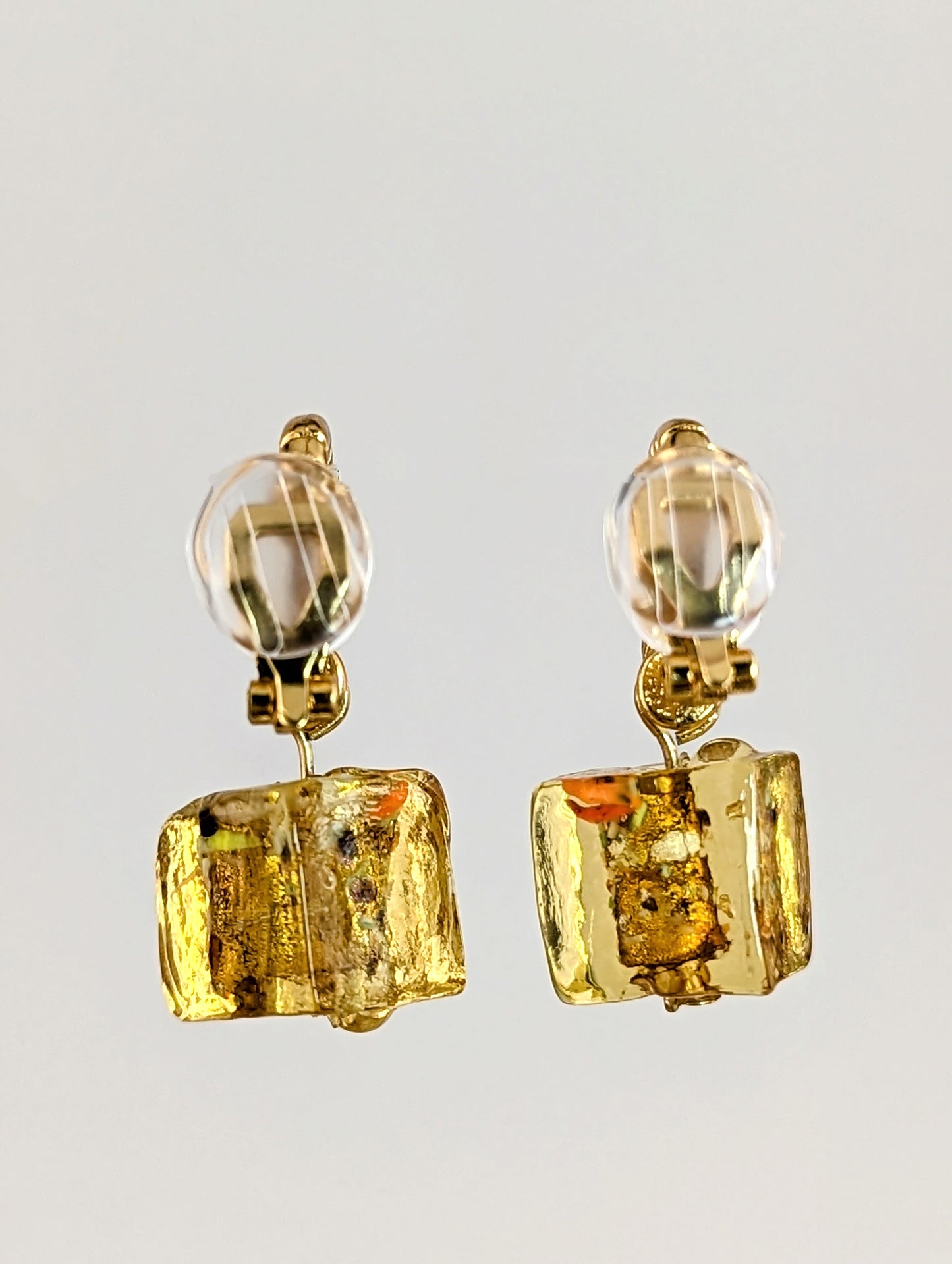 Caramel Rock Candy Yellow Glass Gold Dangle Clip-on Earrings