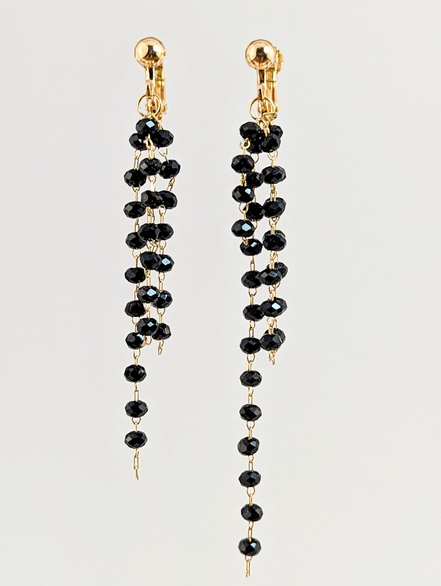 Black Beaded Tassel Clip-on Earrings