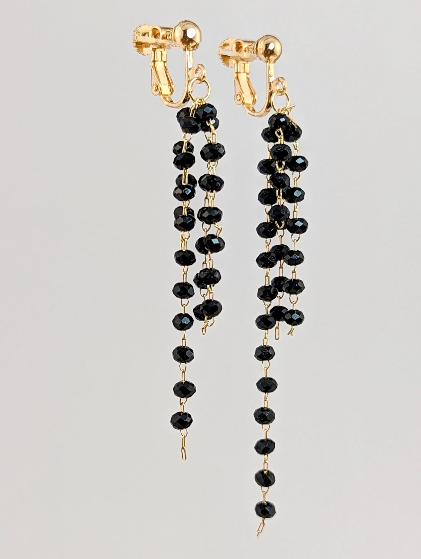 Black Beaded Tassel Clip-on Earrings