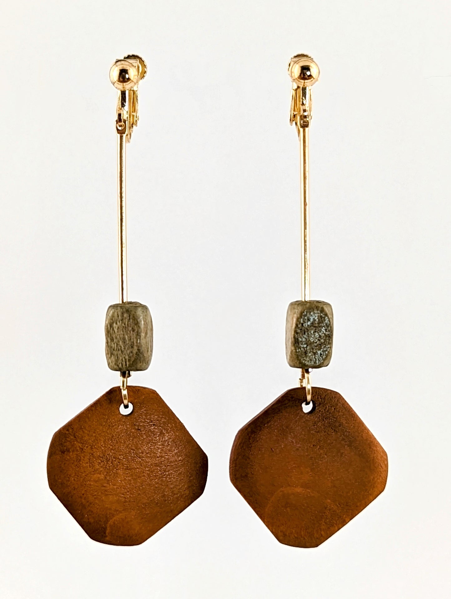 Wooden Dangle Clip-on Earrings