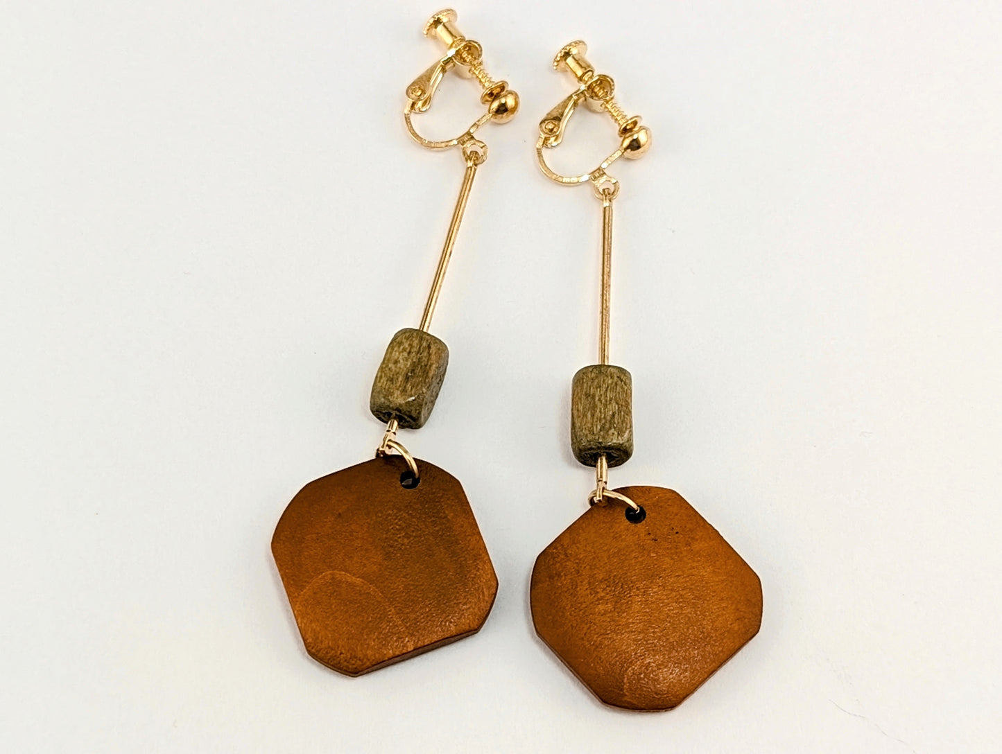 Wooden Dangle Clip-on Earrings