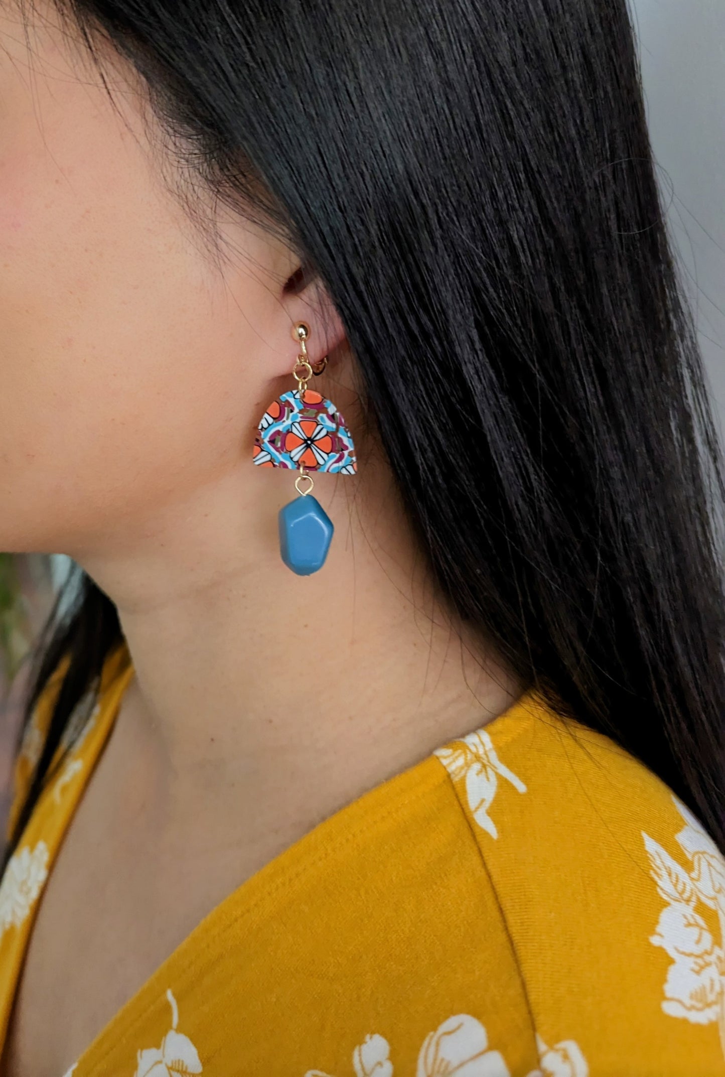 Weekend Delight Colorful Floral Bohemian Dangle Clip-on Earrings
