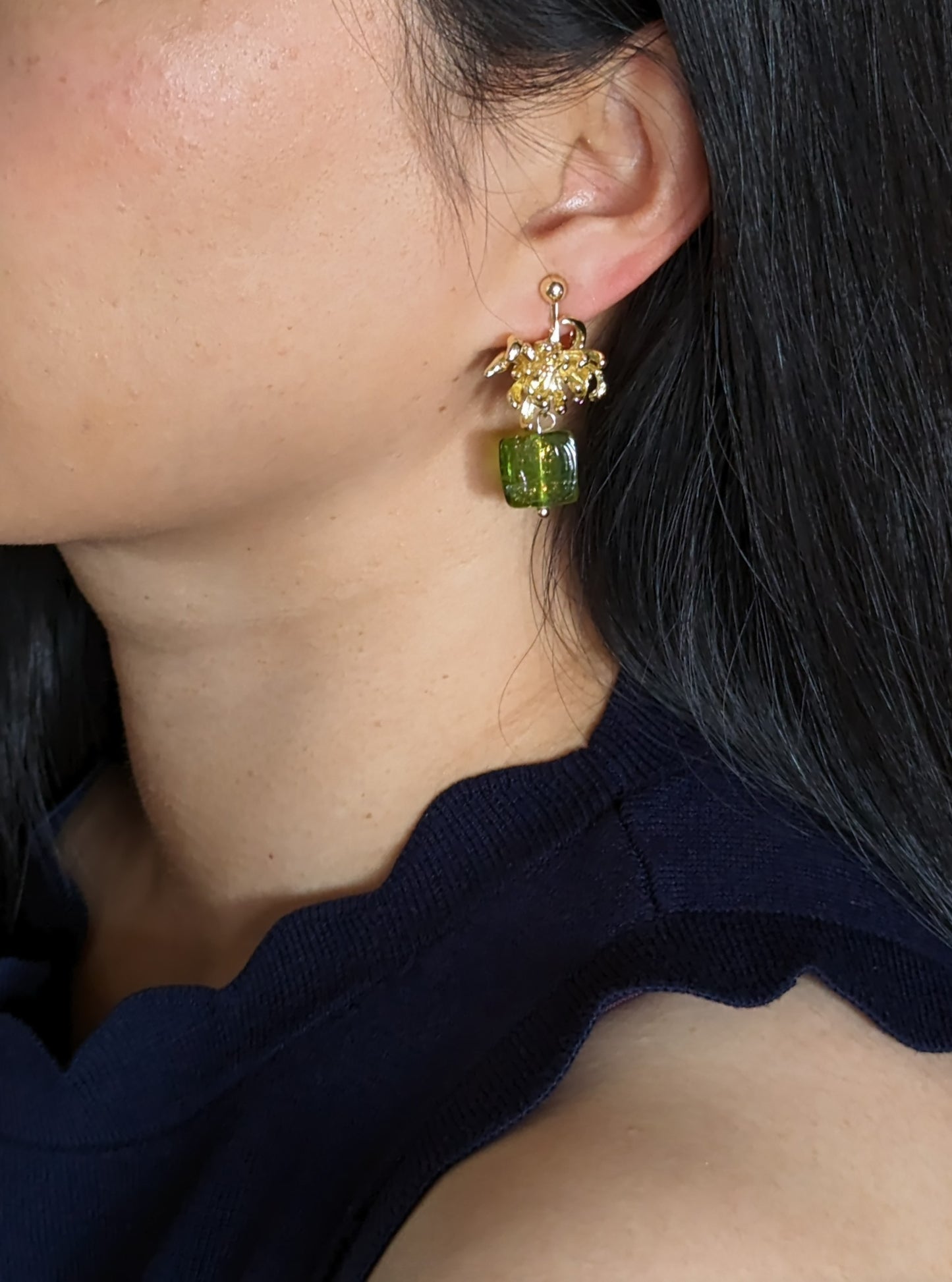 Gold Mum Flower Green Gem Clip-on Earrings