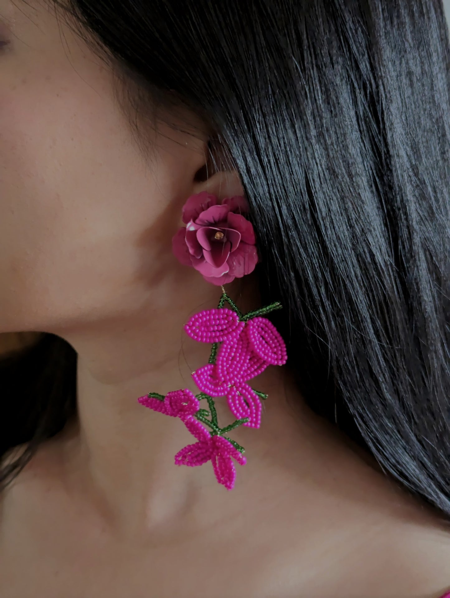 Pink Beaded Flower Statement Clip-on Earrings