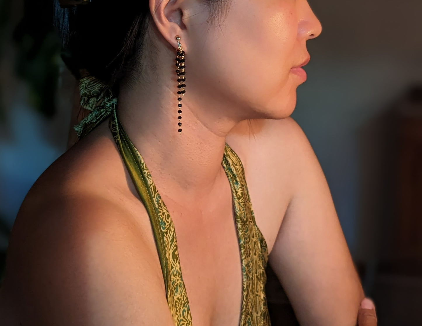 Black Beaded Tassel Clip-on Earrings