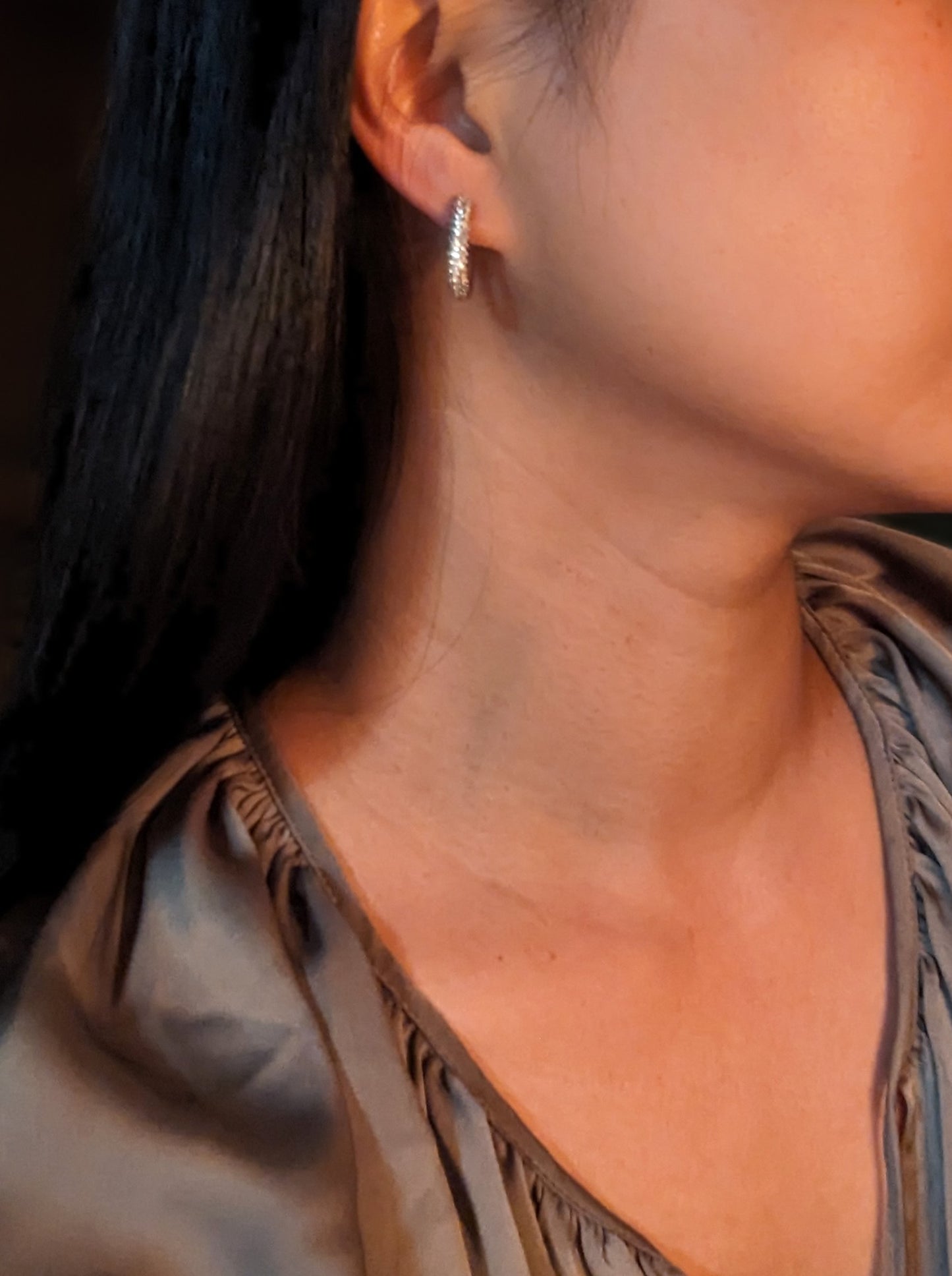 Silver-Pave Hoop Clip-on Earrings