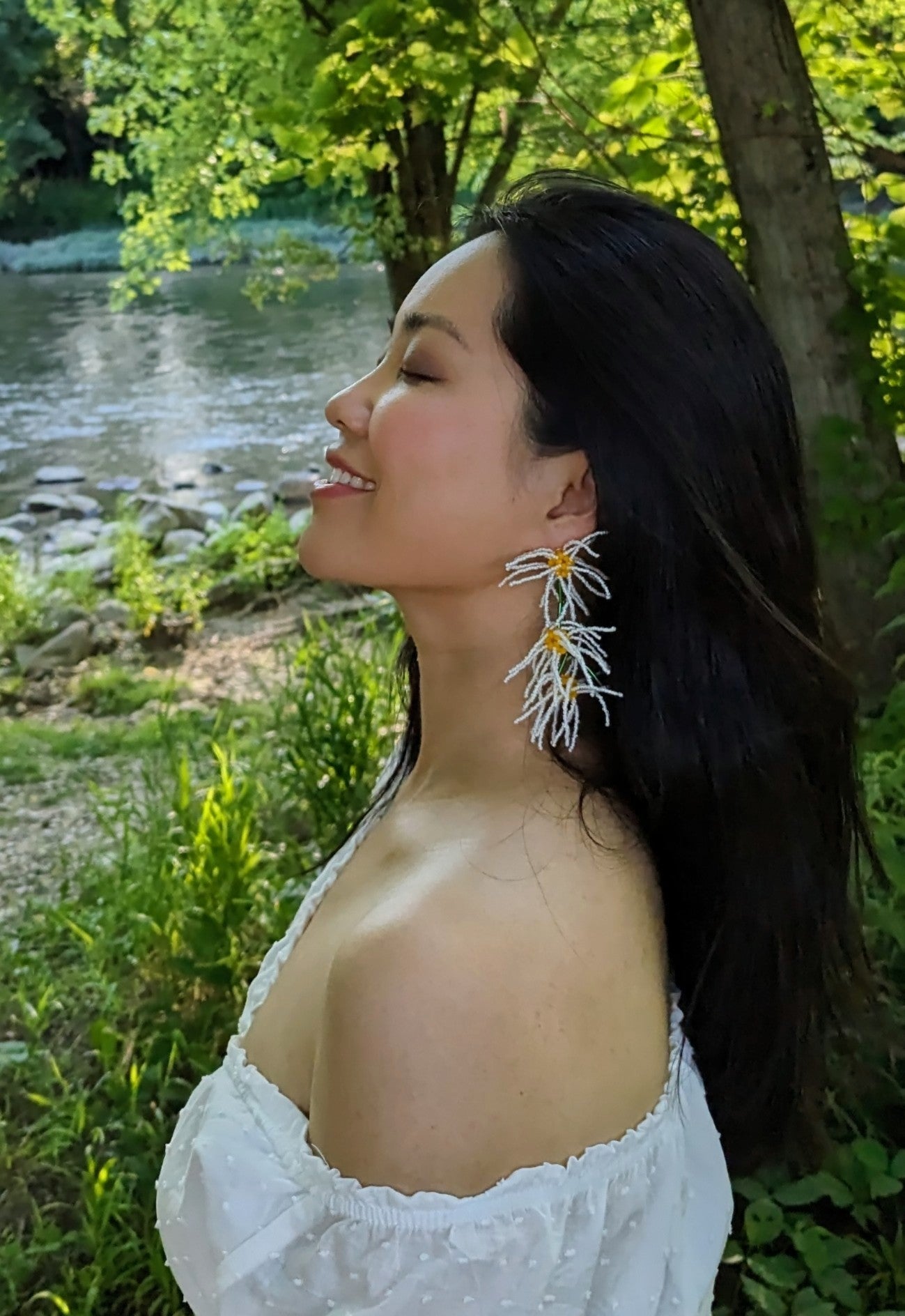 White Beaded Flower Statement Clip-on Earrings