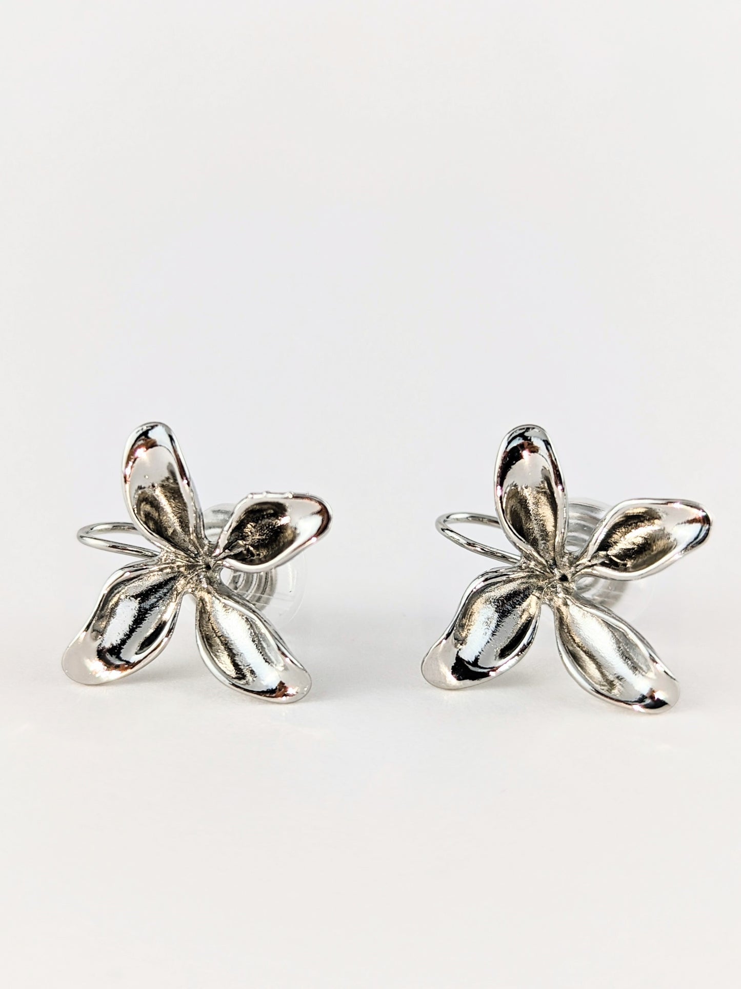 Silver 3D Flower Clip-on Earrings