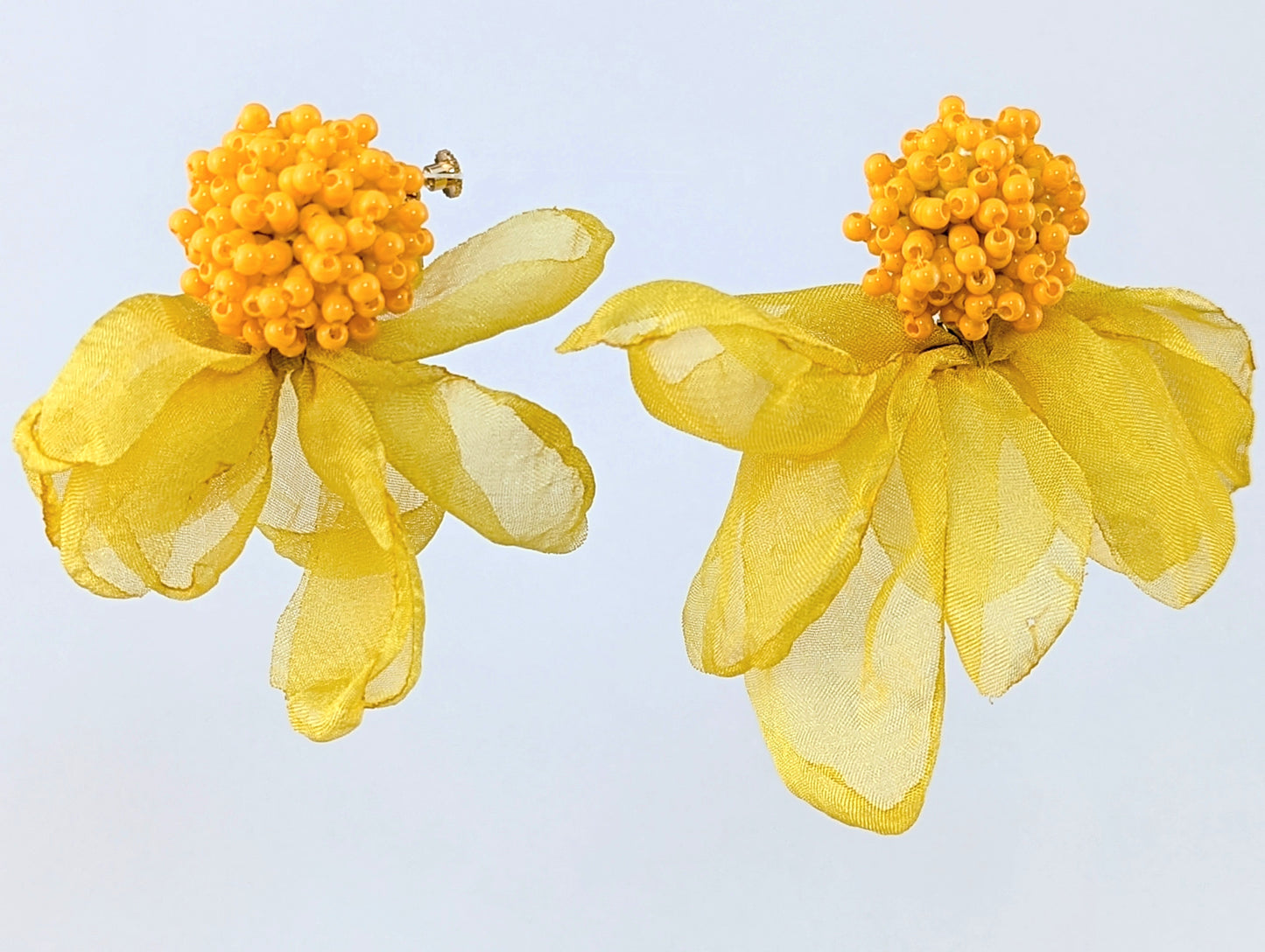 Chiffon Beaded Yellow Flower Statement Clip-on Earrings