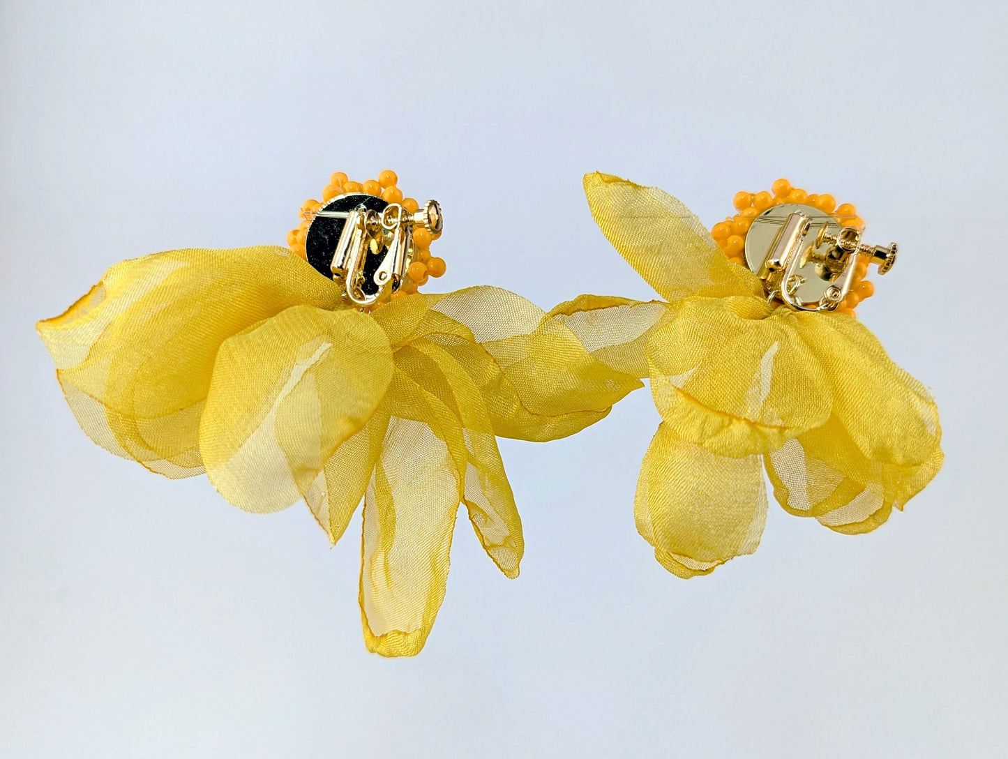 Chiffon Beaded Yellow Flower Statement Clip-on Earrings