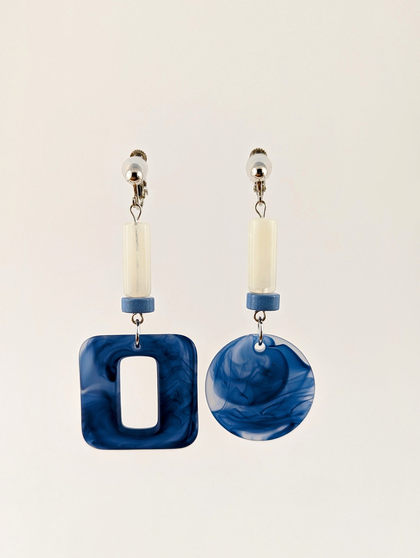 Miami Blue and White Mismatched Dangle Clip-on Earrings