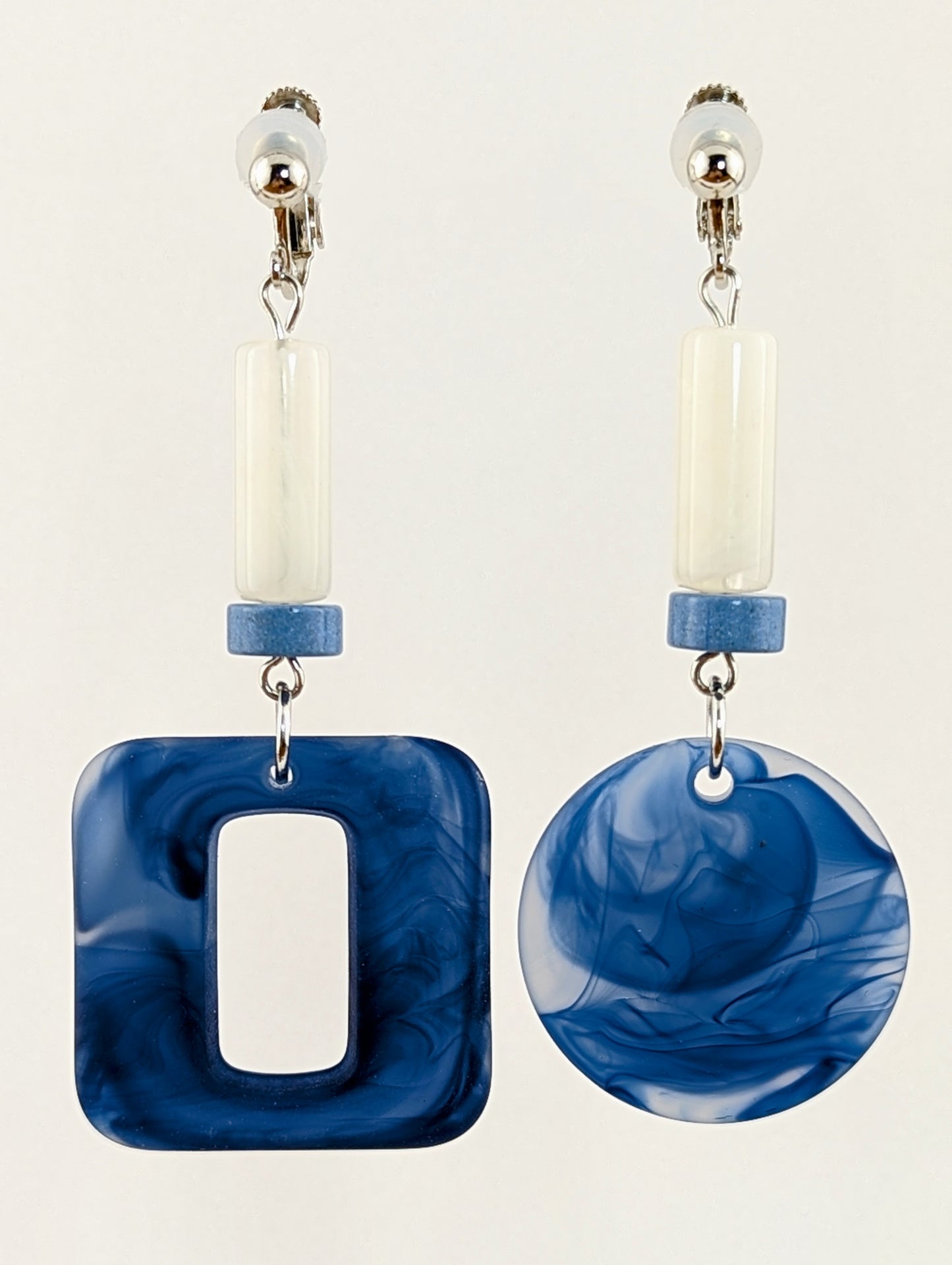 Miami Blue and White Mismatched Dangle Clip-on Earrings