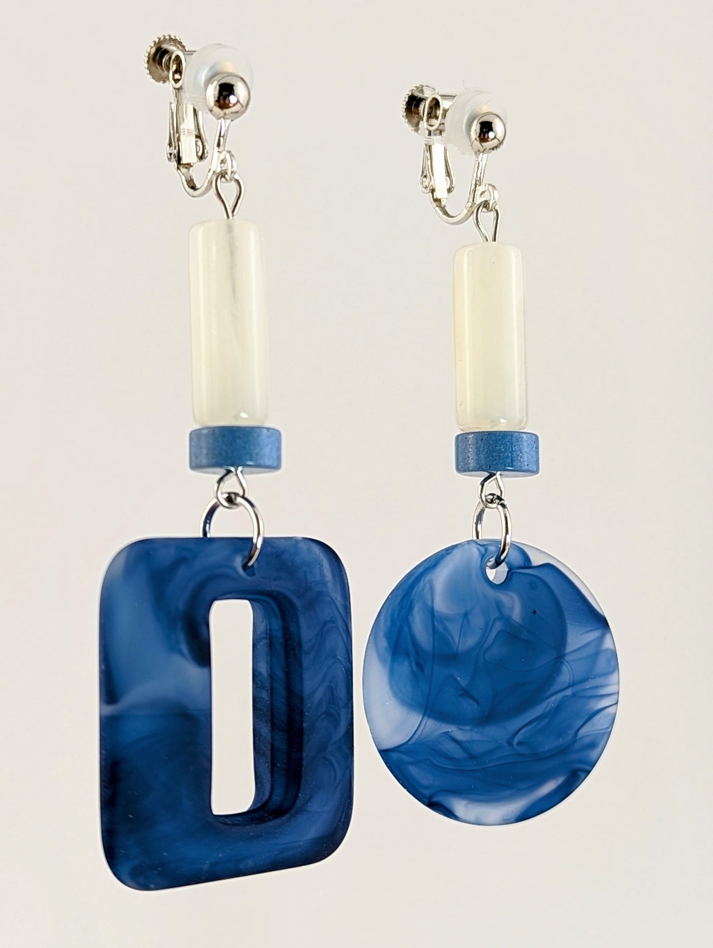 Miami Blue and White Mismatched Dangle Clip-on Earrings