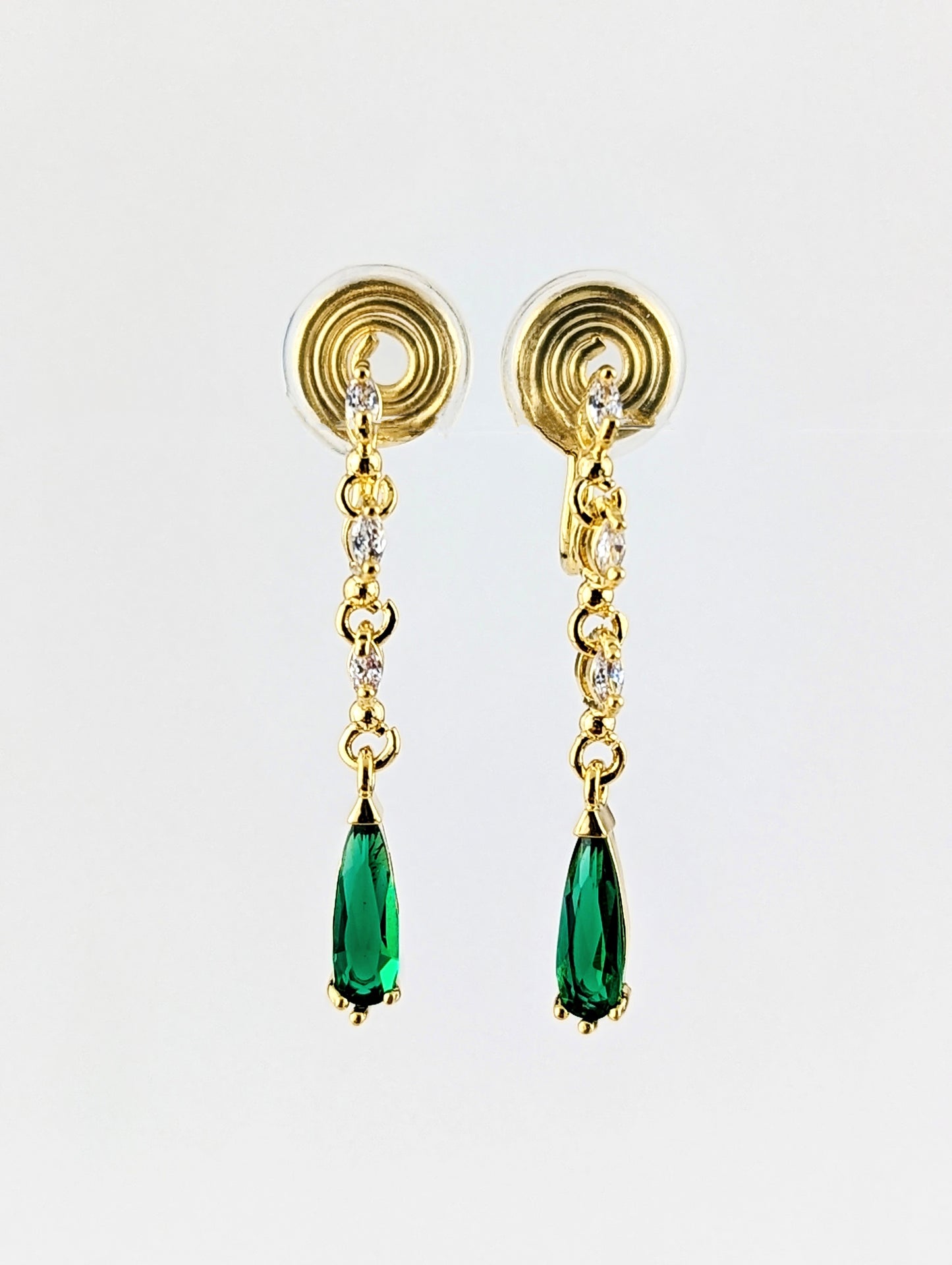 Green Dew Drop Gold Dangle Clip-on Earrings