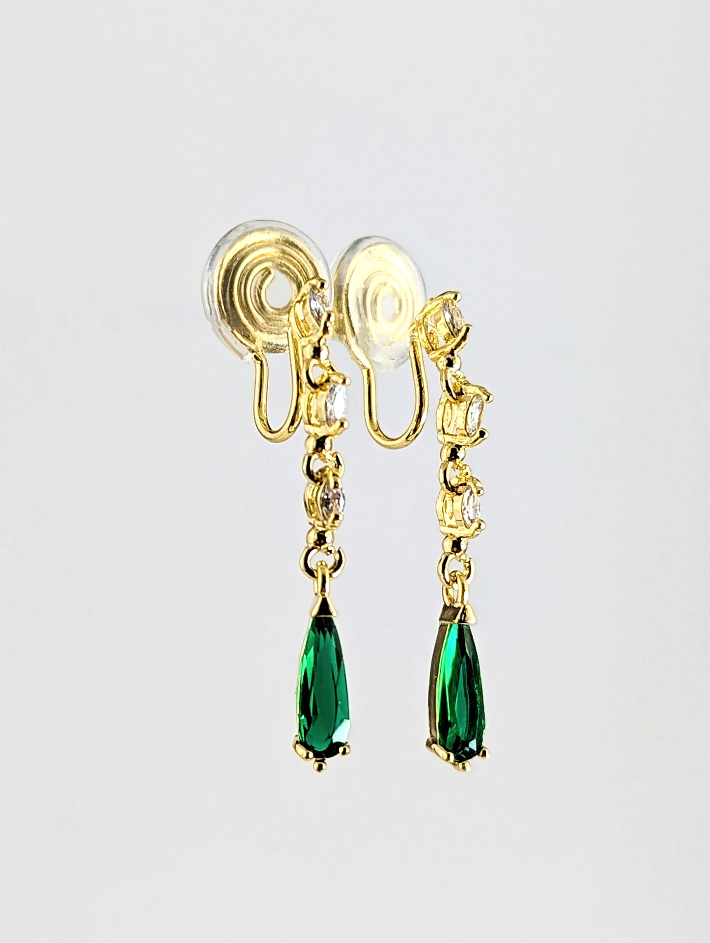 Green Dew Drop Gold Dangle Clip-on Earrings