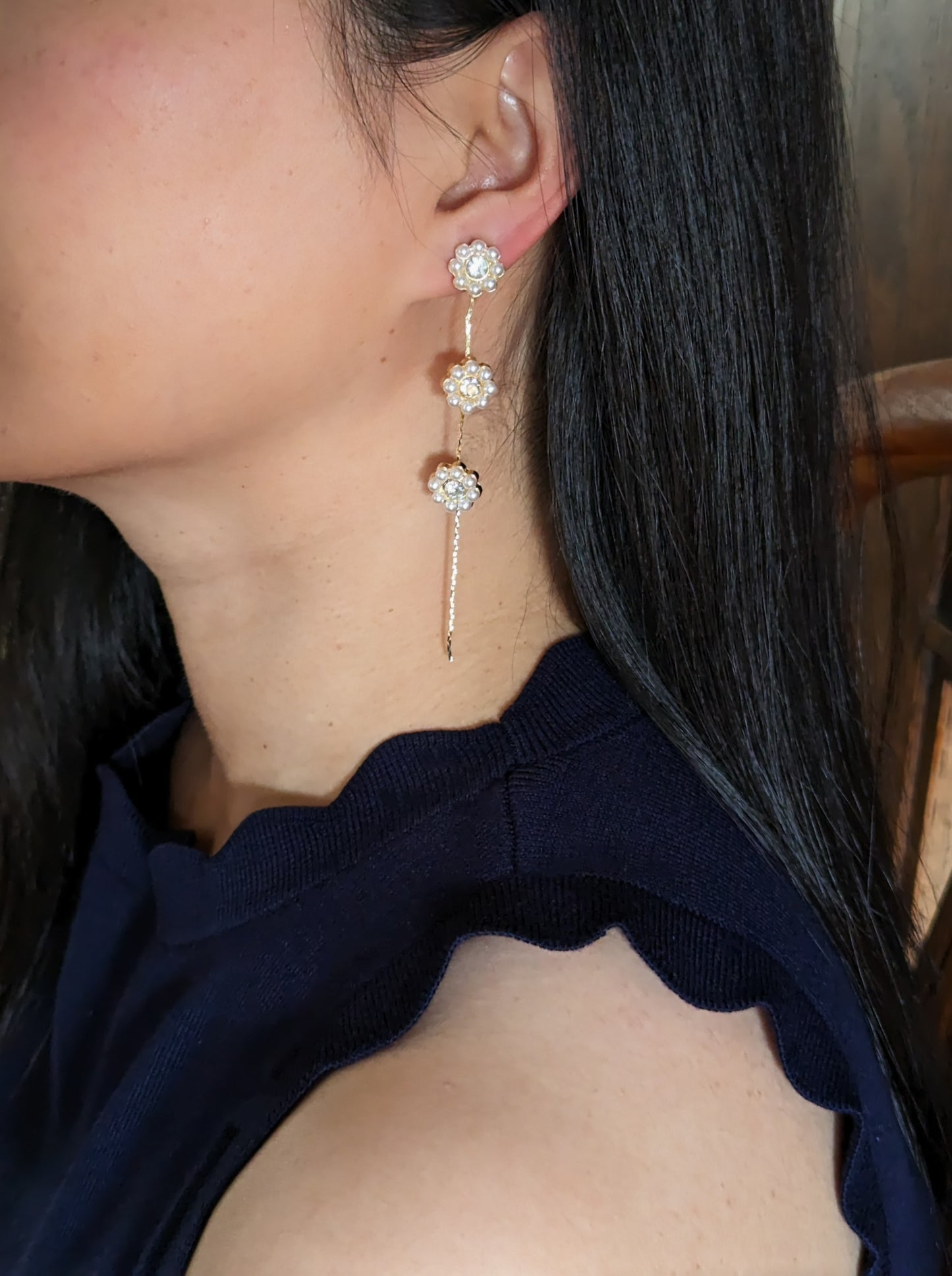 Mini Pearl Flower Dangle Clip-on Earrings