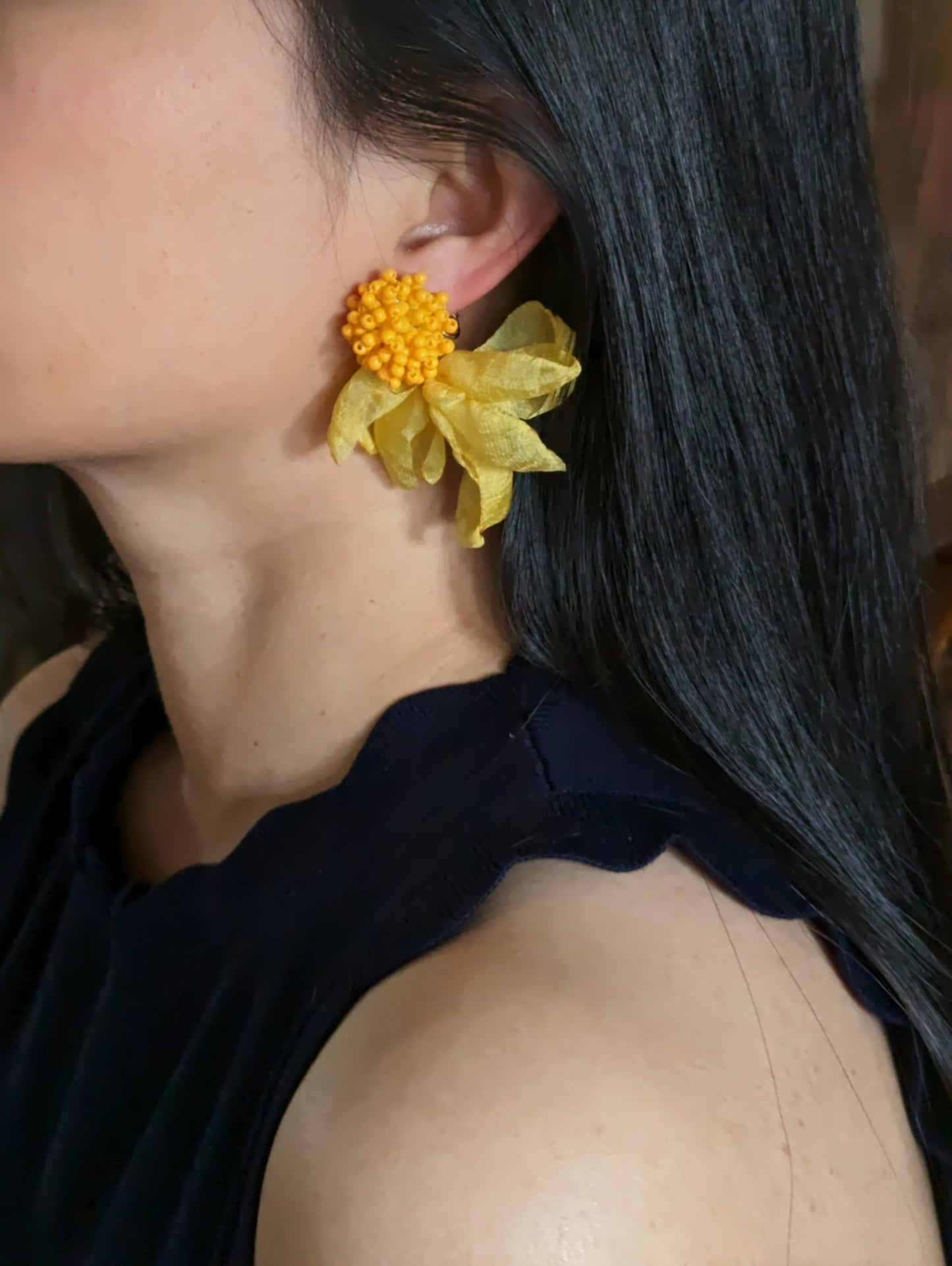 Chiffon Beaded Yellow Flower Statement Clip-on Earrings