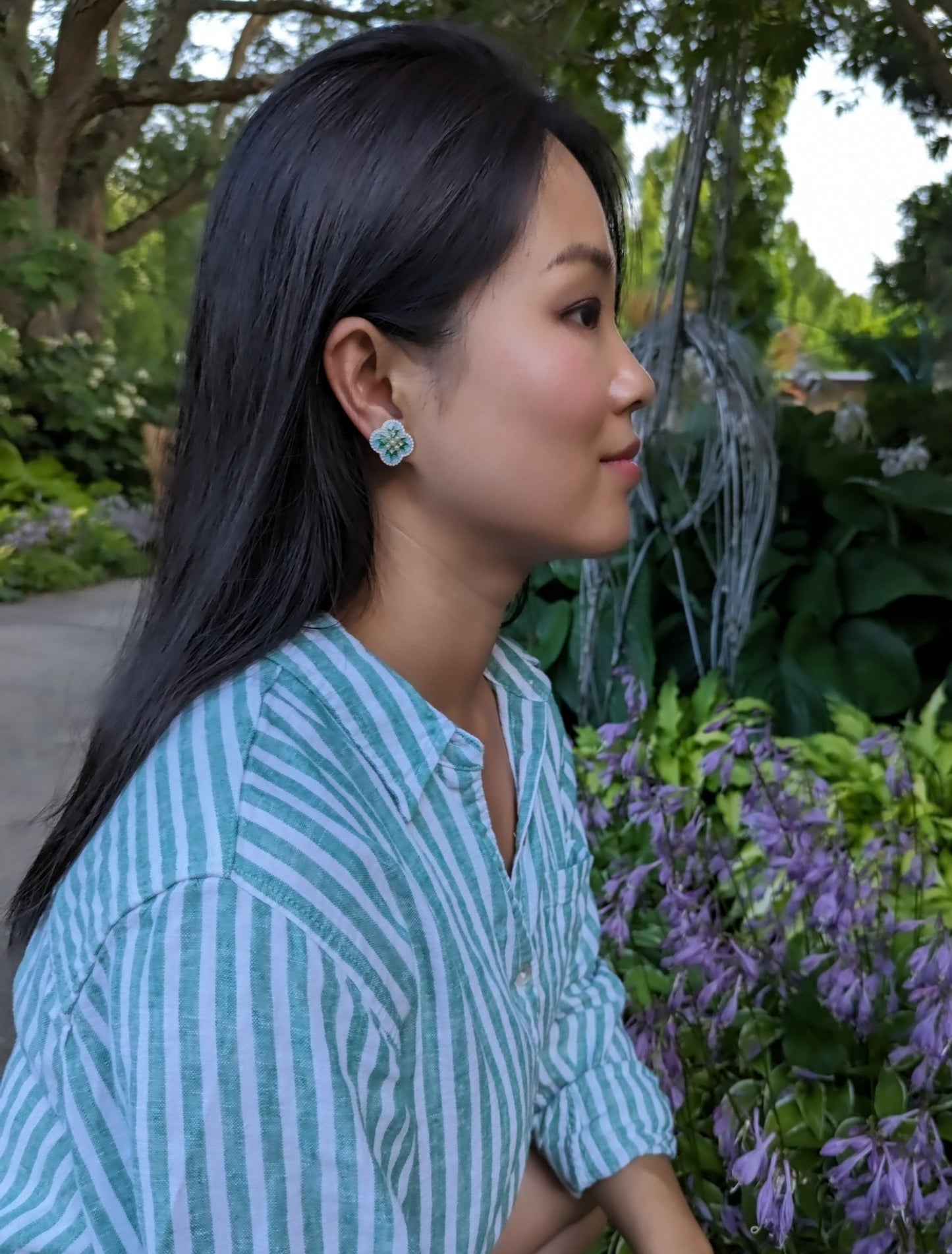 Minty Green Flower Enamel Clip-on Earrings